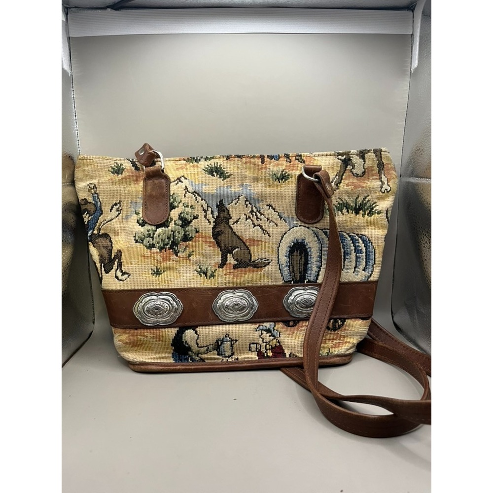 Vintage Horse Tapestry Purse Bag Staps Silver Buckle Wolf Cowboy Shoulder Bag